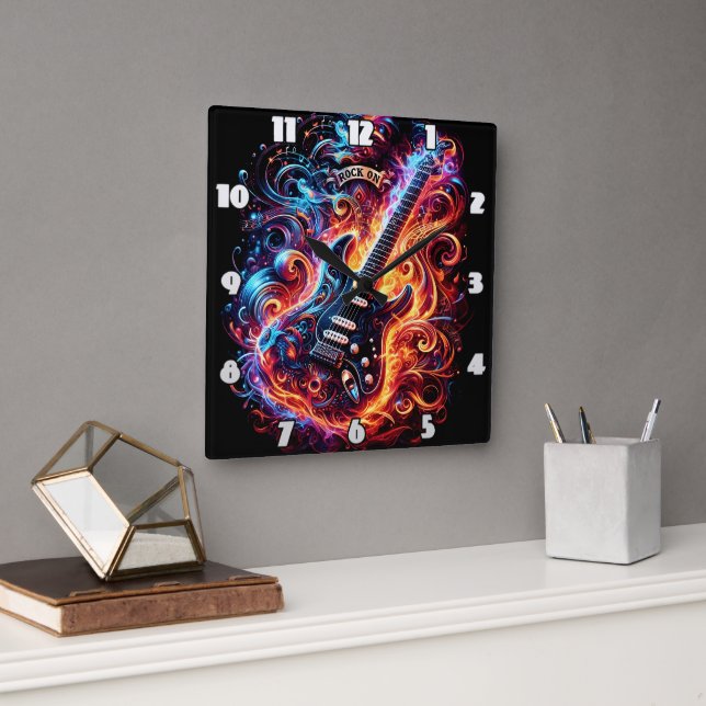 Colourful, energetic guitar vibe square wall clock (Office)