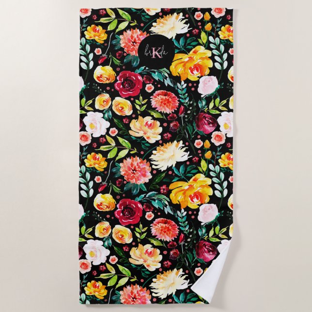 Colourful English garden flowers pattern monograms Beach Towel (Front)