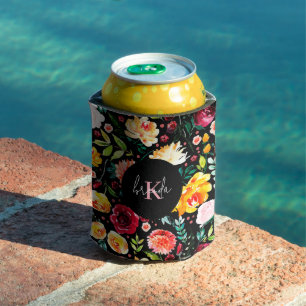 Colourful English garden flowers pattern monograms Can Cooler