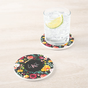 Colourful English garden flowers pattern monograms Coaster