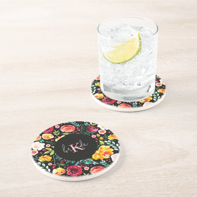 Colourful English garden flowers pattern monograms Coaster (Side)