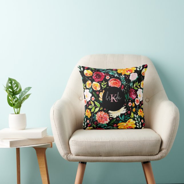 Colourful English garden flowers pattern monograms Cushion (Chair)