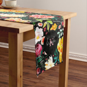 Colourful English garden flowers pattern monograms Long Table Runner