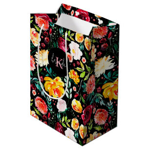 Colourful English garden flowers pattern monograms Medium Gift Bag