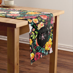 Colourful English garden flowers pattern monograms Medium Table Runner