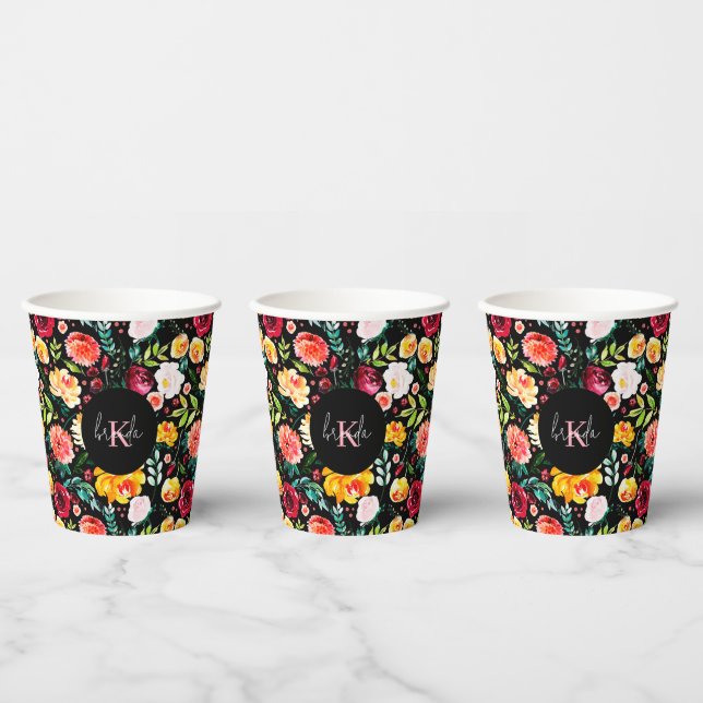 Colourful English garden flowers pattern monograms Paper Cups (Multi)