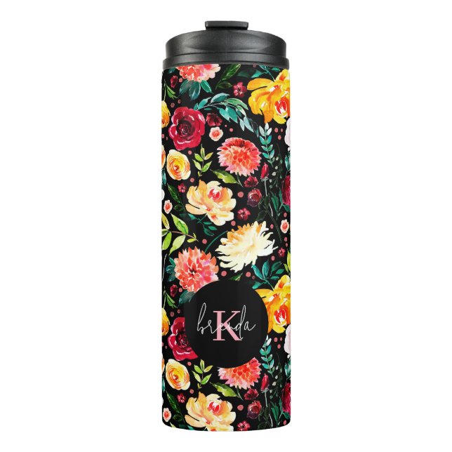 Colourful English garden flowers pattern monograms Thermal Tumbler (Front)