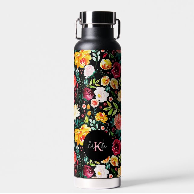Colourful English garden flowers pattern monograms Water Bottle (Front)