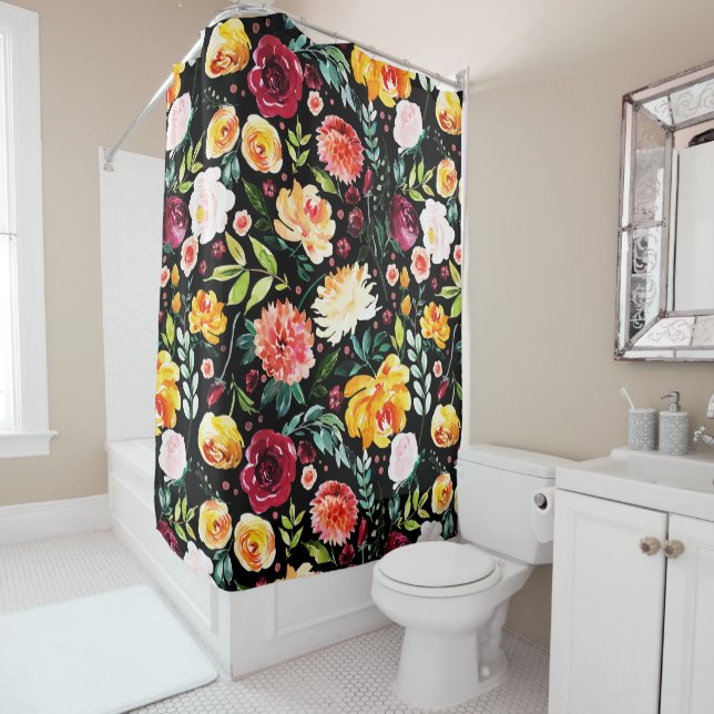 Colourful English Garden Summer Watercolor Flowers Shower Curtain (In Situ)