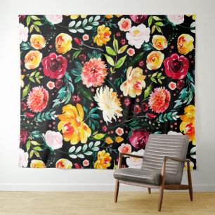 Colourful English garden watercolor flowers patter Tapestry