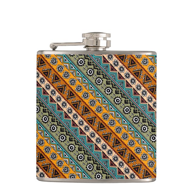 Colourful ethnic aztec patterns design decorative hip flask (Front)