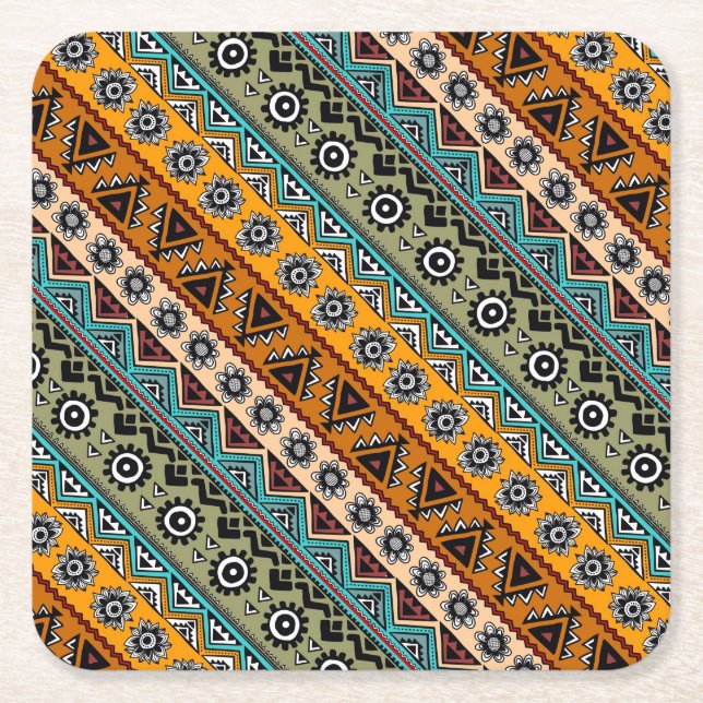 Colourful ethnic aztec patterns design square paper coaster (Front)