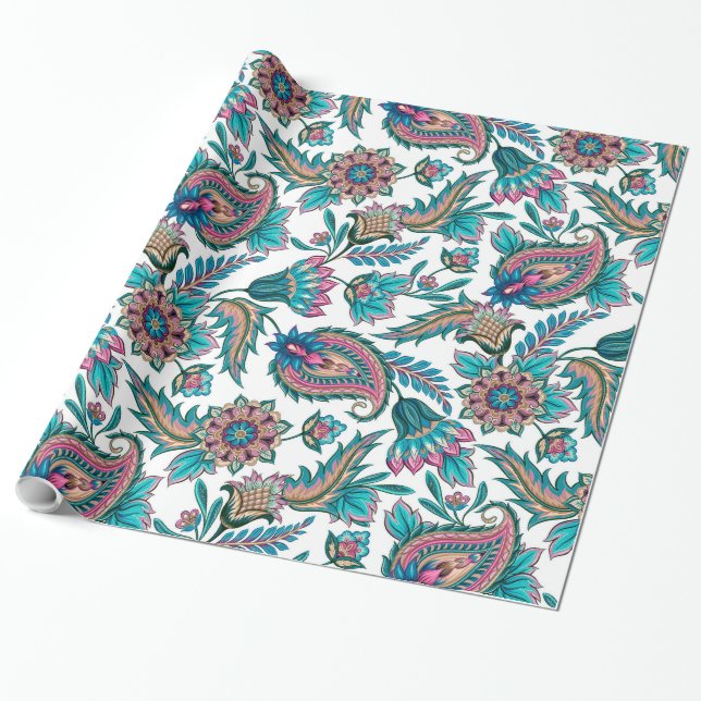Colourful Ethnic Floral Paisley Pattern Wrapping Paper (Unrolled)