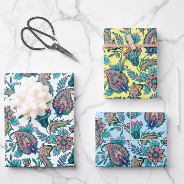 Colourful ethnic floral paisley pattern wrapping paper sheet (Front)