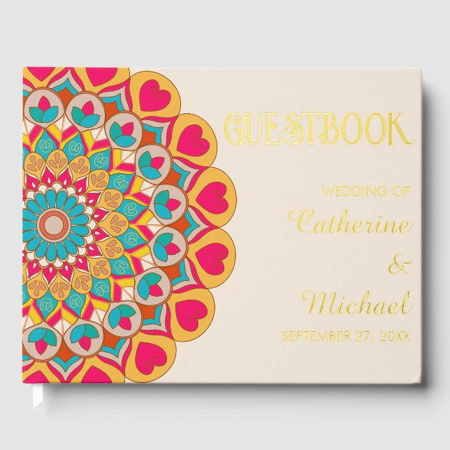 Colourful Ethnic Mandala Bold & Bright Wedding  Guest Book (Front)