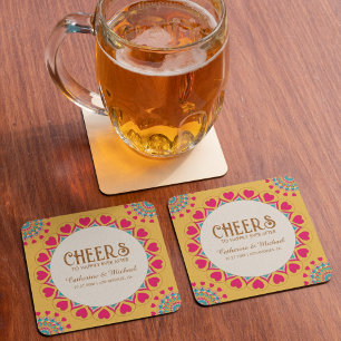 Colourful Ethnic Mandala Bold & Bright Wedding  Square Paper Coaster