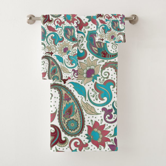 Colourful ethnic motive floral paisley pattern bath towel set (Insitu)
