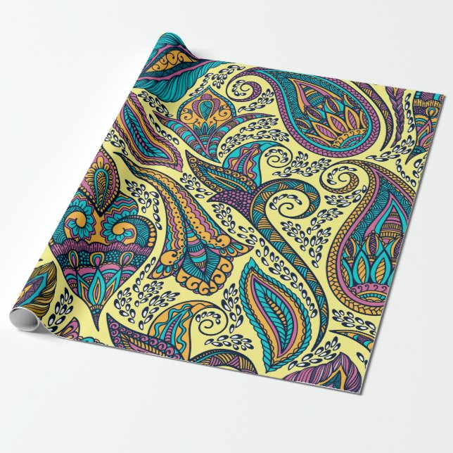Colourful ethnic paisley pattern on yellow wrapping paper (Unrolled)