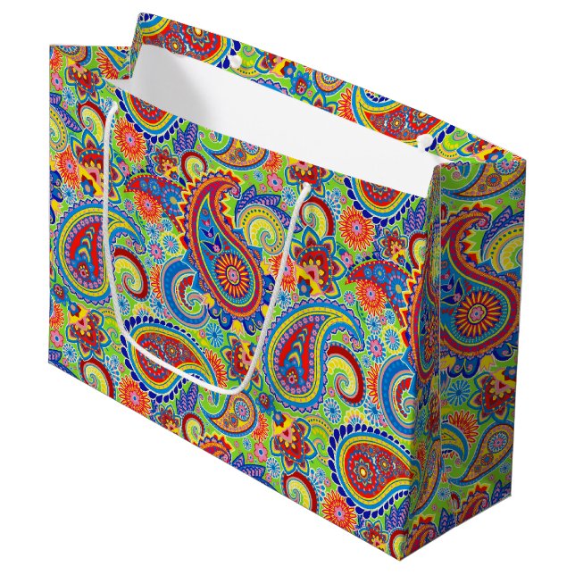 Colourful Ethnic Paisley Pattern Tissue Paper Large Gift Bag (Front Angled)