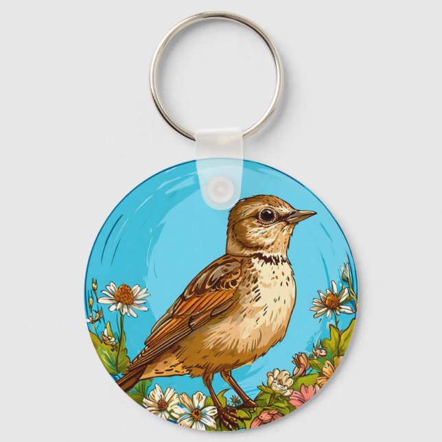 Colourful Eurasian skylark Bird Amid Blooming Flow Key Ring (Front)