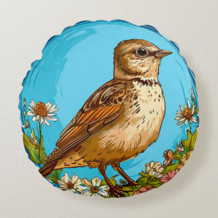 Colourful Eurasian skylark Bird Amid Blooming Flow Round Cushion