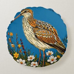 Colourful European curlew Bird Amid Blooming Flowe Round Cushion