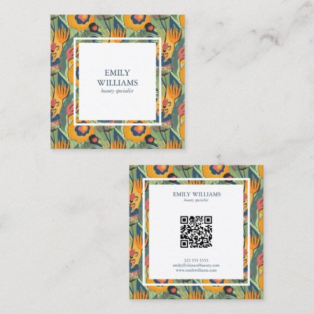 Colourful exotic abstract flowers pattern square business card (Front/Back)