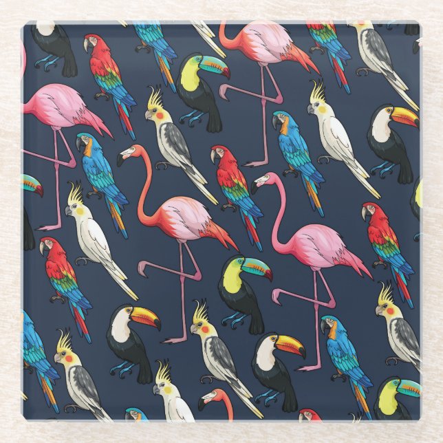 Colourful Exotic Birds Dark Pattern Glass Coaster (Front)