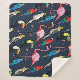 Colourful Exotic Birds Dark Pattern Sherpa Blanket