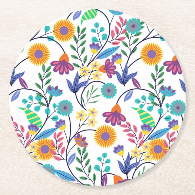 Colourful Exotic Floral Background Pattern-23145 Round Paper Coaster (Front)
