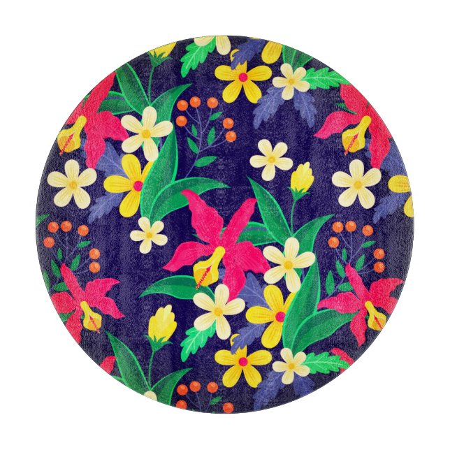 Colourful Exotic Floral Flowers Leaves Pattern Cutting Board (Front)