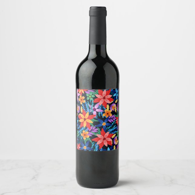 Colourful Exotic Floral Pattern-68578 Wine Label (Front)