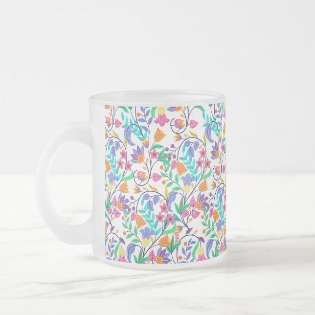 Colourful Exotic Floral Pattern Frosted Glass Coffee Mug (Left)