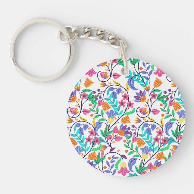 Colourful Exotic Floral Pattern Key Ring (Front)