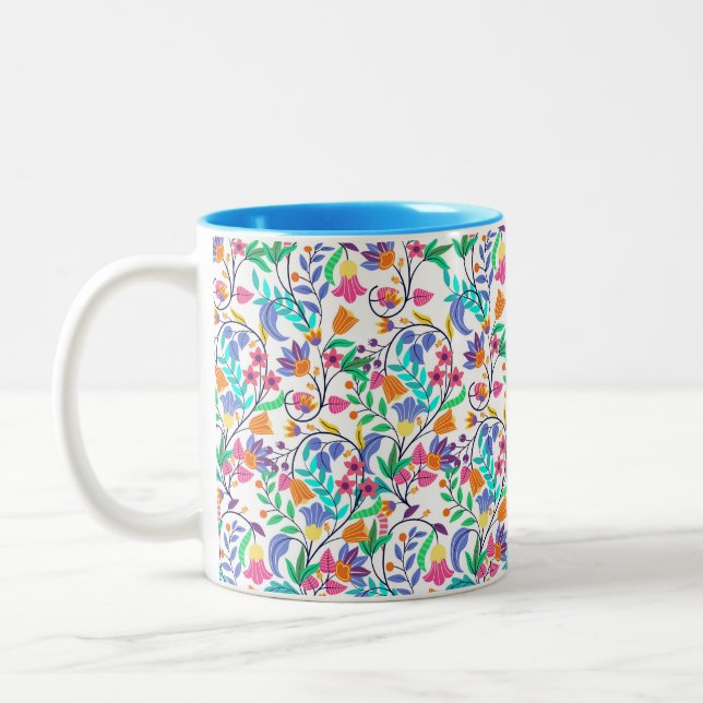 Colourful Exotic Floral Pattern Two-Tone Coffee Mug (Left)