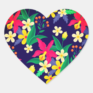 Colourful Exotic Flowers And Leaves Pattern-55667 Heart Sticker