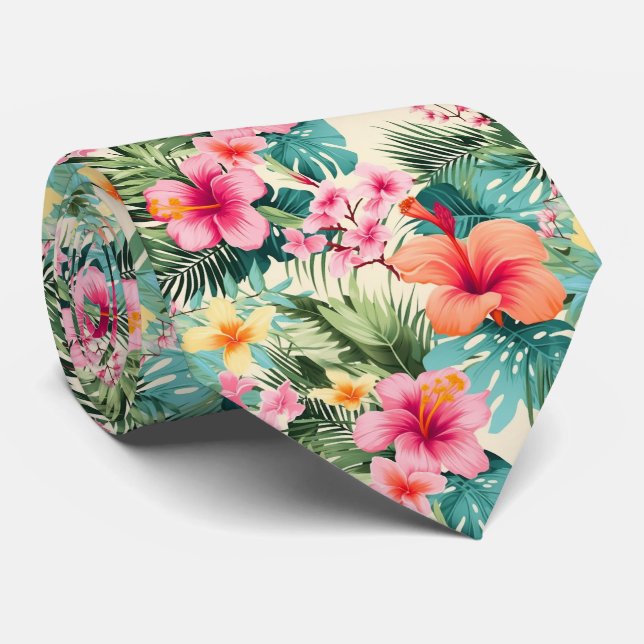 Colourful Exotic Flowers Design Neck Tie (Rolled)