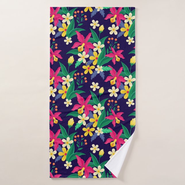 Colourful Exotic Flowers Leaves Pattern-23021 Bath Towel (Bath Towel)