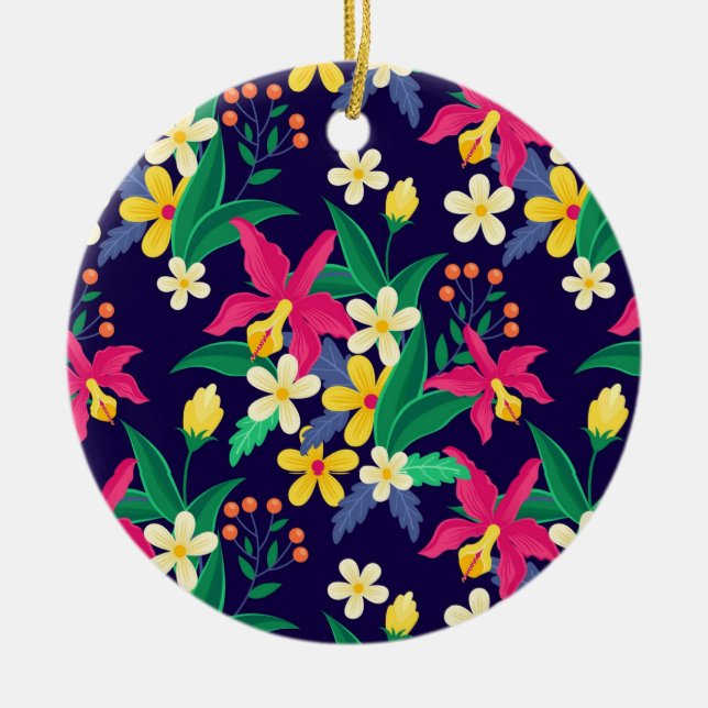 Colourful Exotic Flowers Leaves Pattern-23021 Ceramic Tree Decoration (Front)