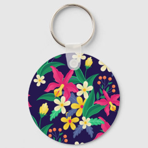 Colourful Exotic Flowers Leaves Pattern-23021 Key Ring