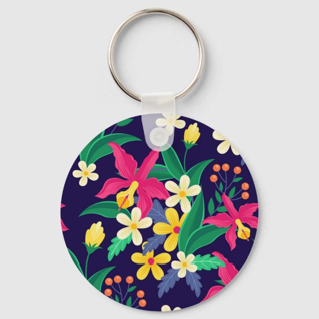 Colourful Exotic Flowers Leaves Pattern-23021 Key Ring (Front)