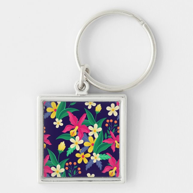 Colourful Exotic Flowers Leaves Pattern-23021 Key Ring (Front)