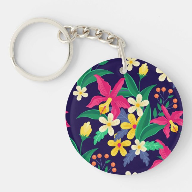 Colourful Exotic Flowers Leaves Pattern-23021 Key Ring (Front)