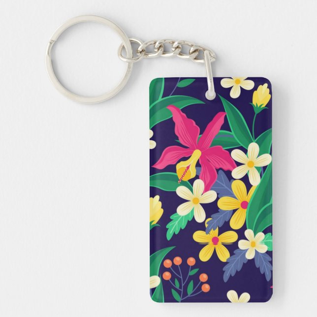 Colourful Exotic Flowers Leaves Pattern-23021 Key Ring (Front)