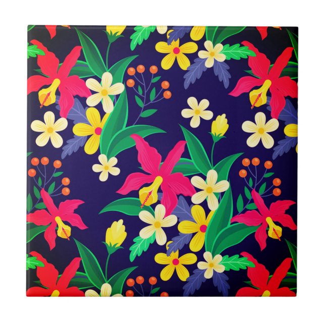 Colourful Exotic Flowers Leaves Pattern-23021 Tile (Front)