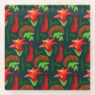 Colourful Exotic Flowers Leaves Pattern Glass Coaster