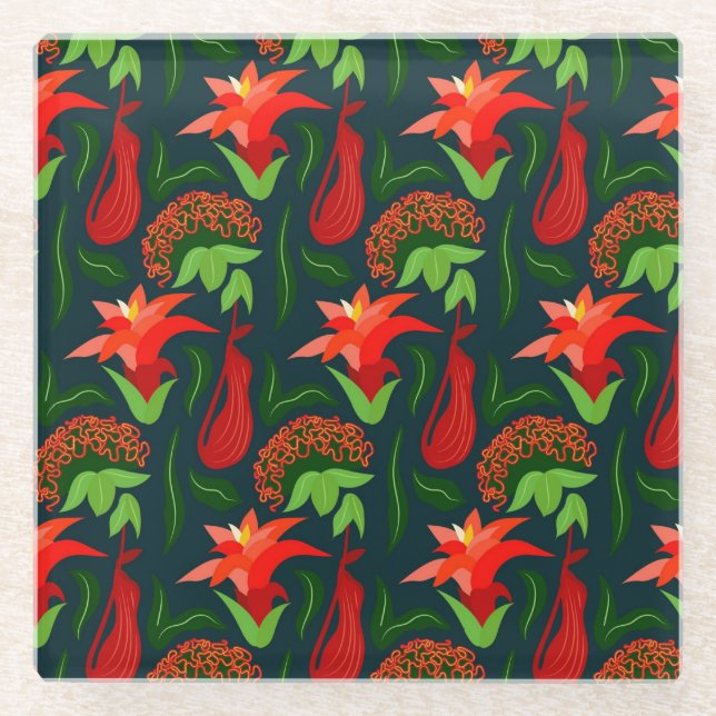 Colourful Exotic Flowers Leaves Pattern Glass Coaster (Front)