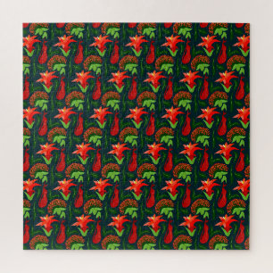 Colourful Exotic Flowers Leaves Pattern Jigsaw Puzzle