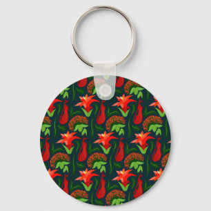 Colourful Exotic Flowers Leaves Pattern Key Ring