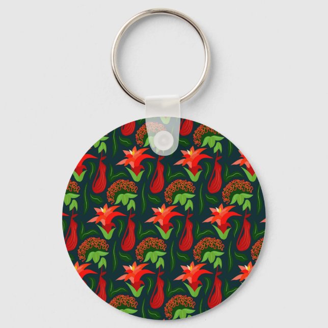 Colourful Exotic Flowers Leaves Pattern Key Ring (Front)